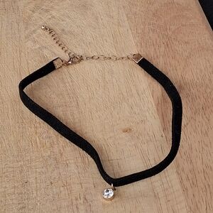 Black Velvet Choker Necklace with Clear Crystal Pendant and Gold Accents